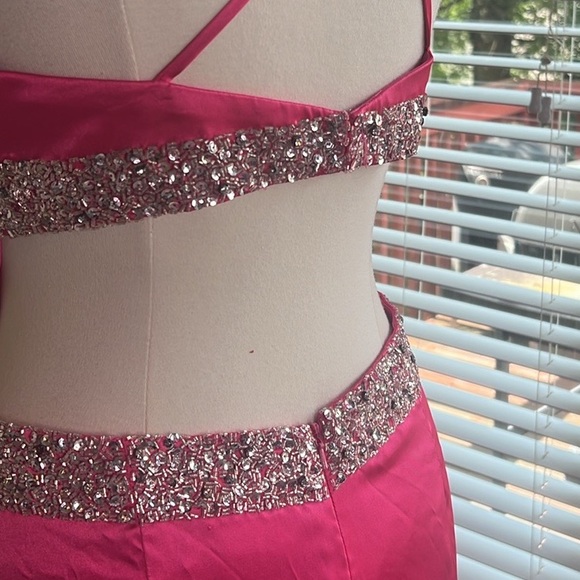 Cache Hot Pink and Silver Beaded Sequin Sexy Low Back Prom Evening Gown - Picture 14 of 15